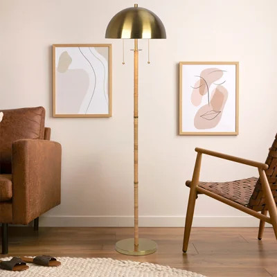Allure 2-Light Floor Lamp, Gold Brass, Natural Rattan Tube , Double On/Off Pull Chain | Wayfair North America