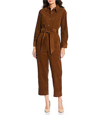 Current Air Corduroy Point Collar Long Sleeve Tie Waist Button Front Jumpsuit - L | Dillard's