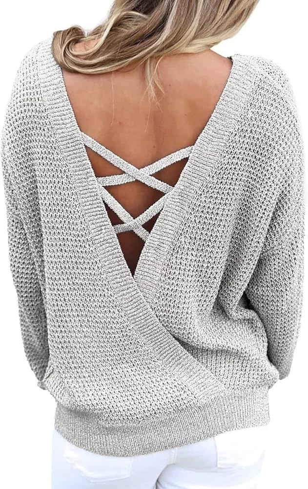 Asvivid Women Criss Cross V Back Sweaters Fall Trendy Long Sleeve Crewneck Knitted Pullover Jumpe... | Amazon (US)
