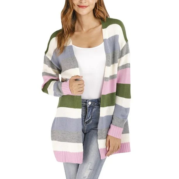 UKAP Womens Colorful Stripe Long Cardigan Loose Open Front Sweater Coat Long Sleeve Knitwear Casu... | Walmart (US)