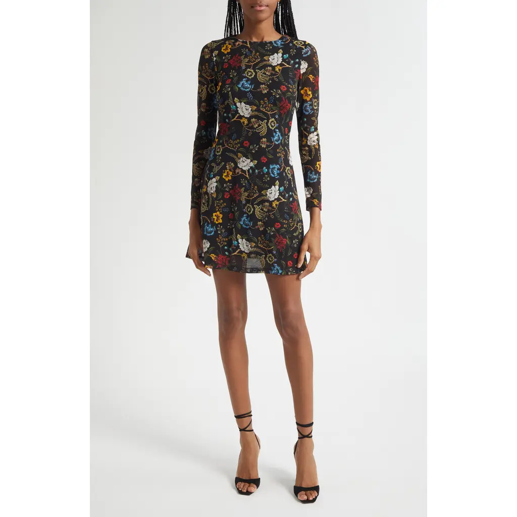 Alice + Olivia Delora Floral Long Sleeve Mesh Minidress in Tapestry Trails Sm Black at Nordstrom, Size 12 | Nordstrom