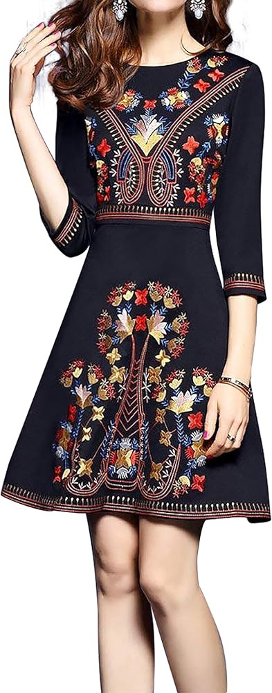 LAI MENG FIVE CATS Women's Premium Embroidered Floral Round Neck Cocktail Formal Mini Dress(Run B... | Amazon (US)