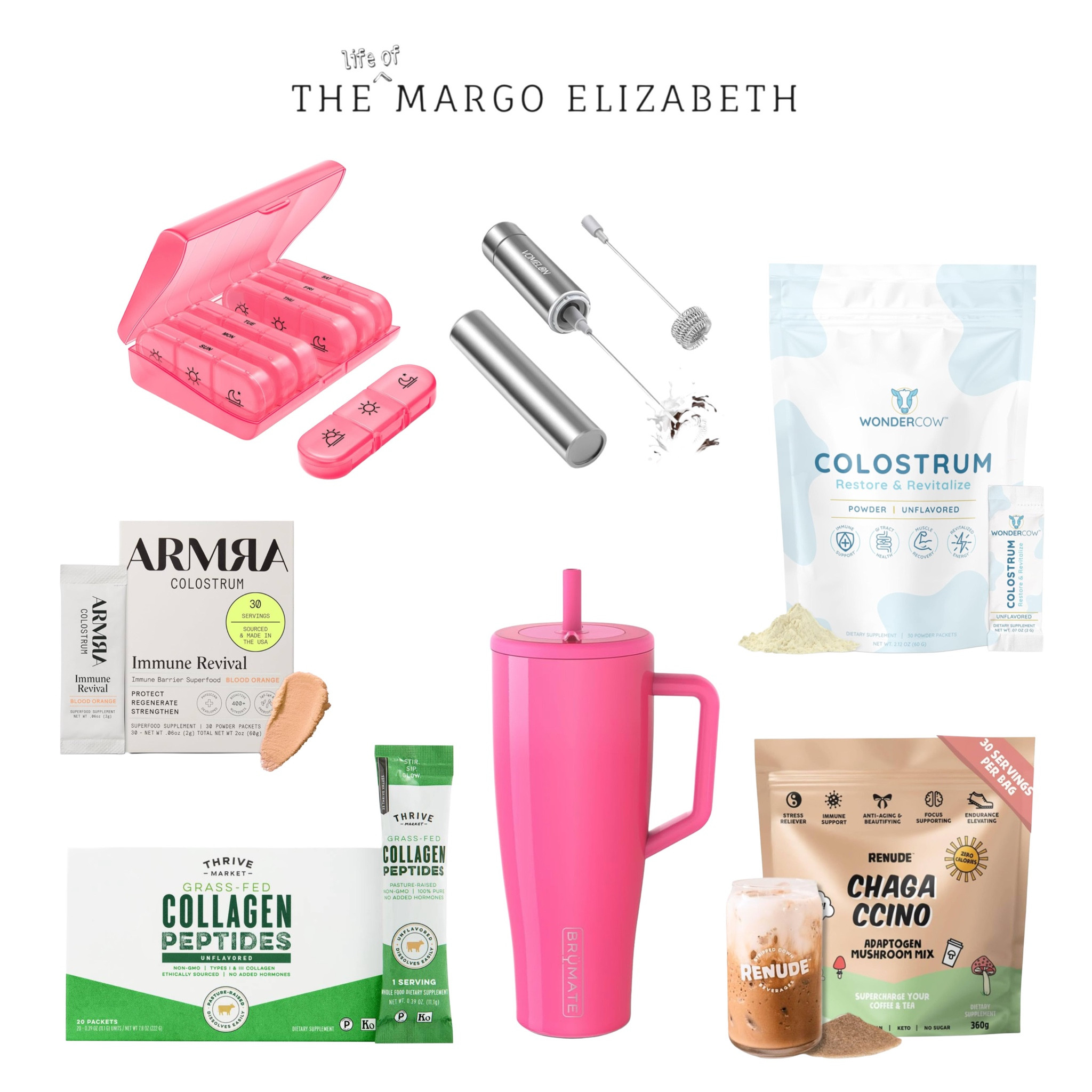 Health First Essentials 🤍

In the spirit of prioritizing health and wellness in 2025 and creating healthy life long habits - sharing a few of our favorite edits to our daily routine. 

First supplements. We’re both on daily multi vitamins with some added extras like beef organ capsules from Heart & Soil. This pill organizer has been a game changer for keeping us organized. I have pink & Mario has the black one!

Along with that we make sure to consume colostrum. It’s not Mario’s favorite so I appreciate when he indulges me! I try to take it daily when I remember but traveling can make it hard.

Armra travel packets in blood orange are my favorite for tossing in a cold water bottle. Full transparency this Armra packet is not a full serving - you would need 3-4 daily so it’s not very cost effective in the travel packet version!
If I have a chance to grab a smoothie I love the purity of wondercow and their calf first promise. Family business with a faith base as well 🤍
Important to note - either colostrum you choose needs to be mixed into COLD drinks!

Next up is collagen.
Mario and I both love adding this to coffee (both hot and iced!) 0 flavor and dissolves like a dream - when mixed with hot coffee gives almost a latte feel in your mouth, so good! 

Lastly - some mushroom mix-ins. I found this powder at a coffee spot in Scottsdale and haven’t looked back! Instead of using any sugar - I just add 1 scoop of this to our coffee daily. 
I love the immune benefits, stress relieving properties, anti-aging, focus support and endurance enhancements this brings to our day 🙌🏼

Lastly linking a few “tools” needed! 
We have tons of Stanley’s and they’ve been so good to us.. but I was looking for a leak proof option. 
Found both hydro jug and brumate. I love them both but I lean more brumate for the soft, silicone straw! 

Looking for the perfect blend? This travel friendly, portable milk frother with case is perfect for mixing powders into any beverage on the go!

 

#LTKActive #LTKFitness #LTKHome