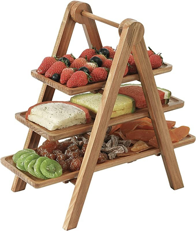 Wood 3 Tier Serving Tray-Wooden Three Tiered Tray with Collapsible Stand for Fruit Platter Farmho... | Amazon (US)