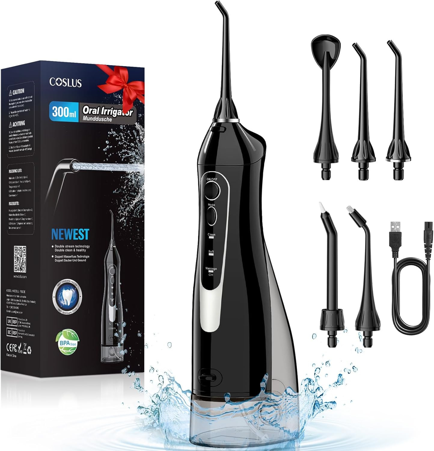 COSLUS Water Dental Flosser for Teeth Cordless: Portable Oral Irrigator 300ML 5 Jet Tips Recharge... | Amazon (UK)