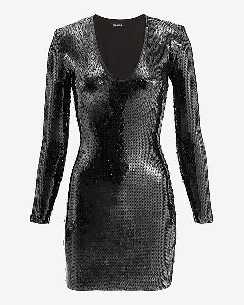 Sequin V-neck Strong Shoulder Mini Sheath Dress | Express