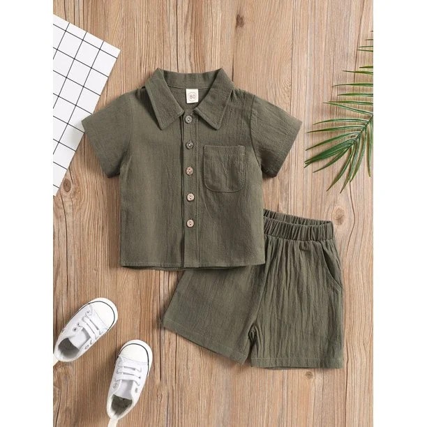 wybzd Baby Boys Cotton Linen Clothes Set Solid Color Lapel Short Sleeve Single-Breasted Tops Shor... | Walmart (US)