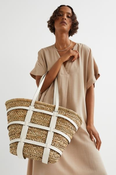 Sturdy bag in braided straw with straps and handles in imitation leather. Unlined. Depth 17 cm. H... | H&M (UK, MY, IN, SG, PH, TW, HK)