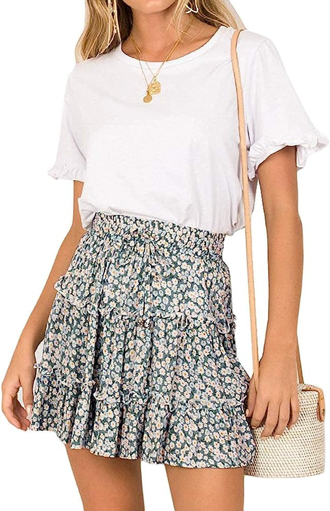 Arjungo Women's Floral Print High Waist with Drawstring Ruffle Flared Boho A Line Skater Mini Skirt | Amazon (US)