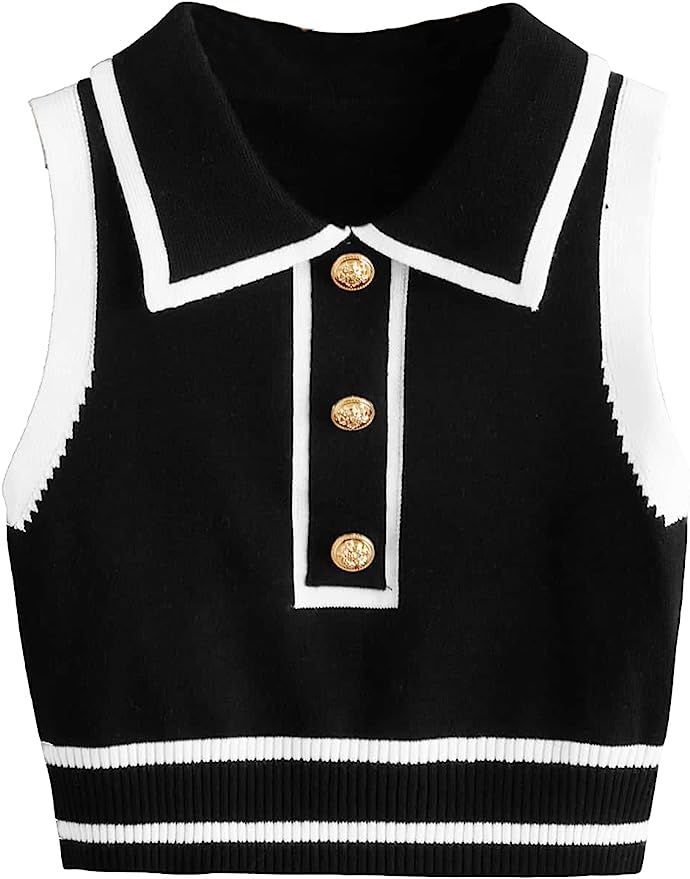 Verdusa Women's Button Front Striped Collar Sleeveless Sweater Vest Knit Top | Amazon (US)