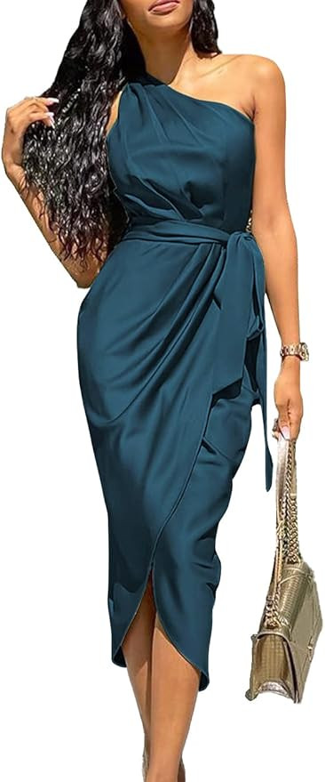 PRETTYGARDEN Women's 2023 Summer Ruched Bodycon Dress Sleeveless One Shoulder Wrap Satin Belted C... | Amazon (US)