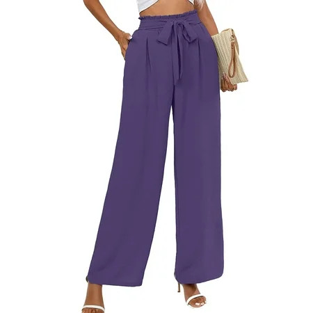 Chiclily Women Wide Leg Pants with Pockets High Waist Loose Belt Flowy Casual Trousers US Size Large in Deep Purple | Walmart (US)