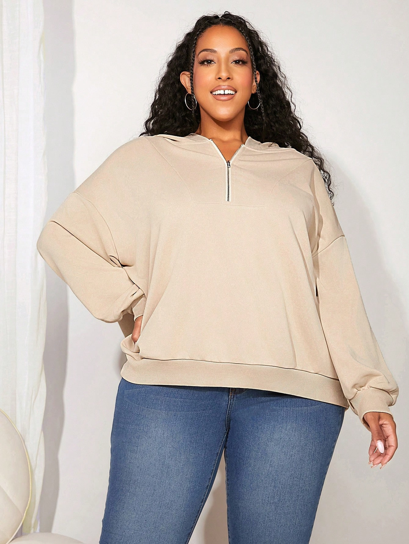 SHEIN CURVE+ Plus Half Zip Drop Shoulder Hoodie | SHEIN