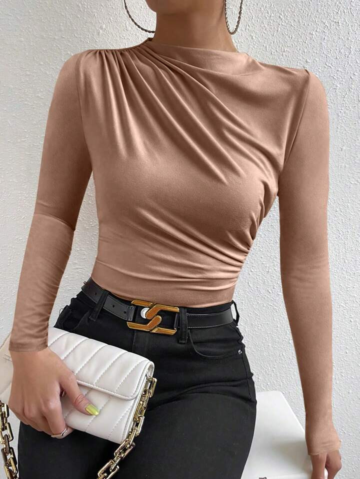 SHEIN BAE Mock Neck Ruched Tee | SHEIN