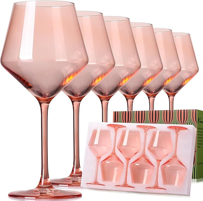 ELERGIFTS Pink Wine Glasses Set of 6-18oz【Hand Blown】 Crystal Colorful Wine Glasses with Stem... | Amazon (US)