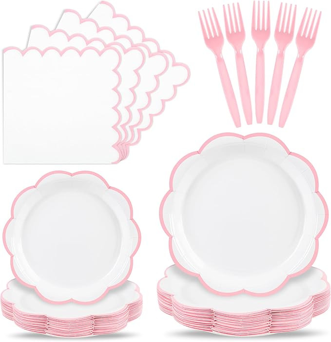 96 Pcs Pink and White Paper Plates and Napkins Set, Tableware set for 24 Guest include White Dess... | Amazon (US)