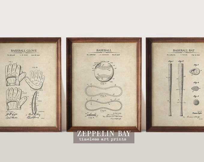 Baseball Patent Print Set | 3 Prints | Vintage Baseball Wall Decor | Perfect Gift for Baseball Pl... | Etsy (US)