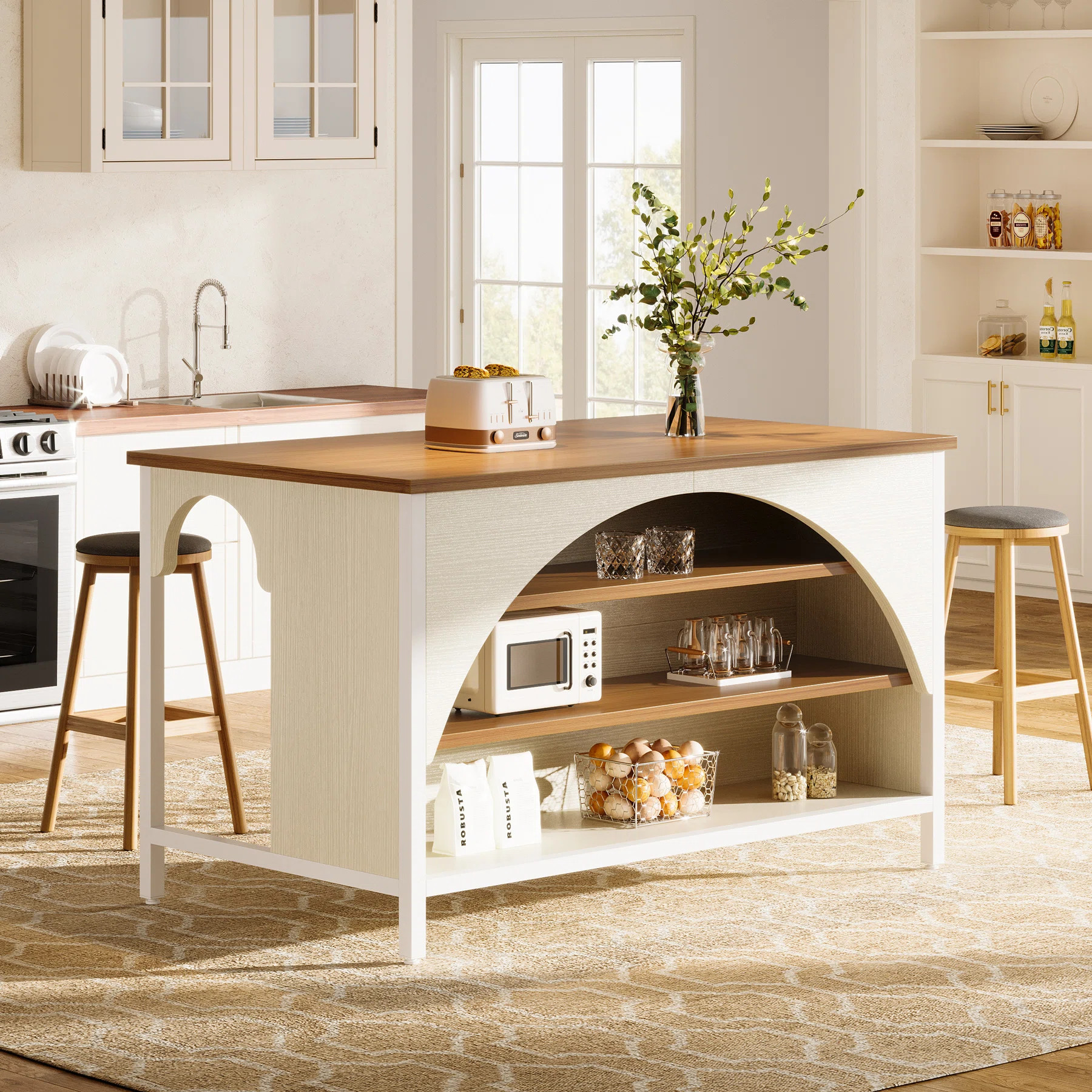 Kitchen Island With 3 Storage Shelves, 55 Inch Farmhouse Kitchen Shelf Bar Table With Large Workt... | Wayfair North America