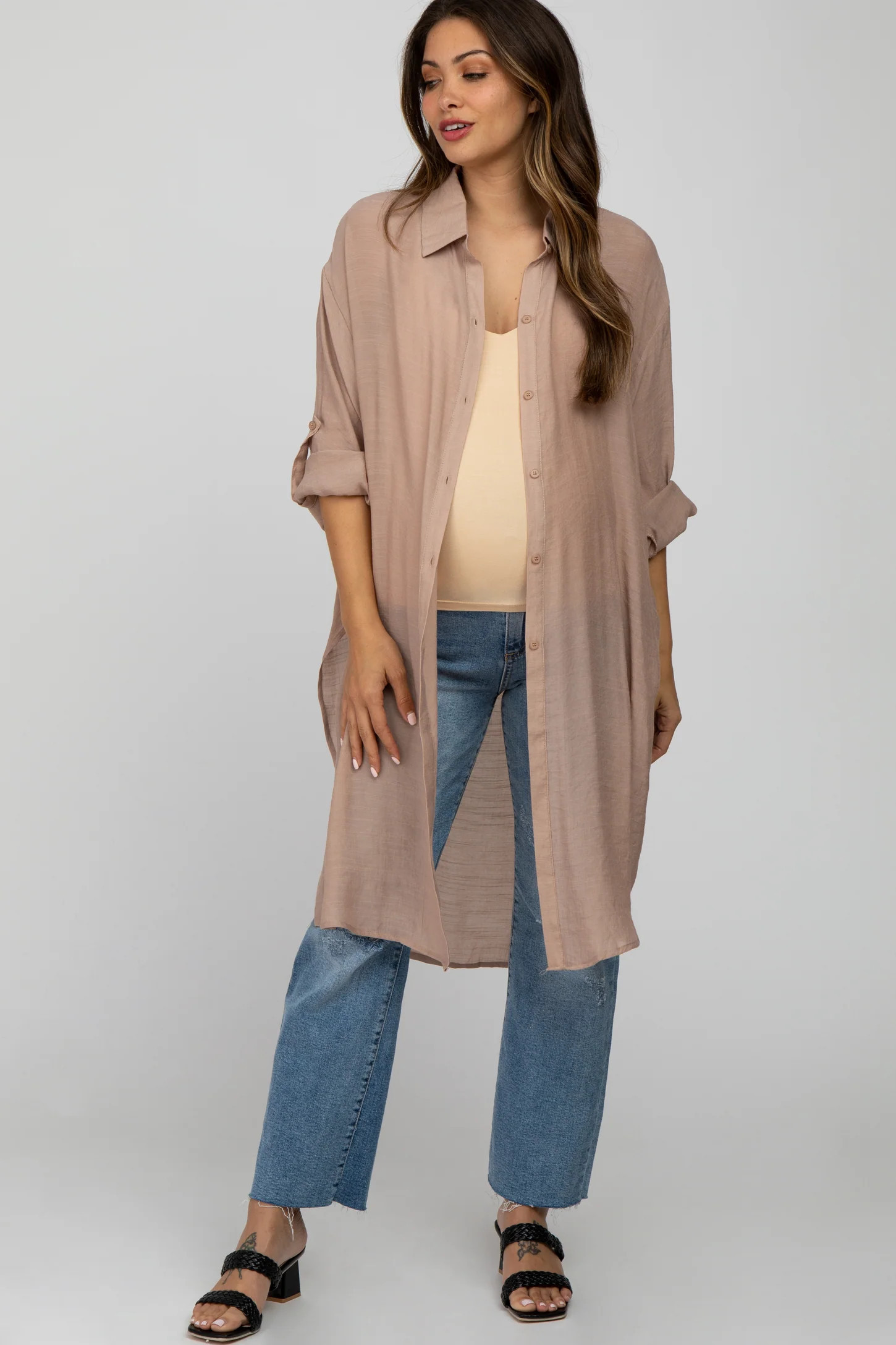 Ivory Button Front Side Slit Oversized Maternity Blouse | PinkBlush Maternity