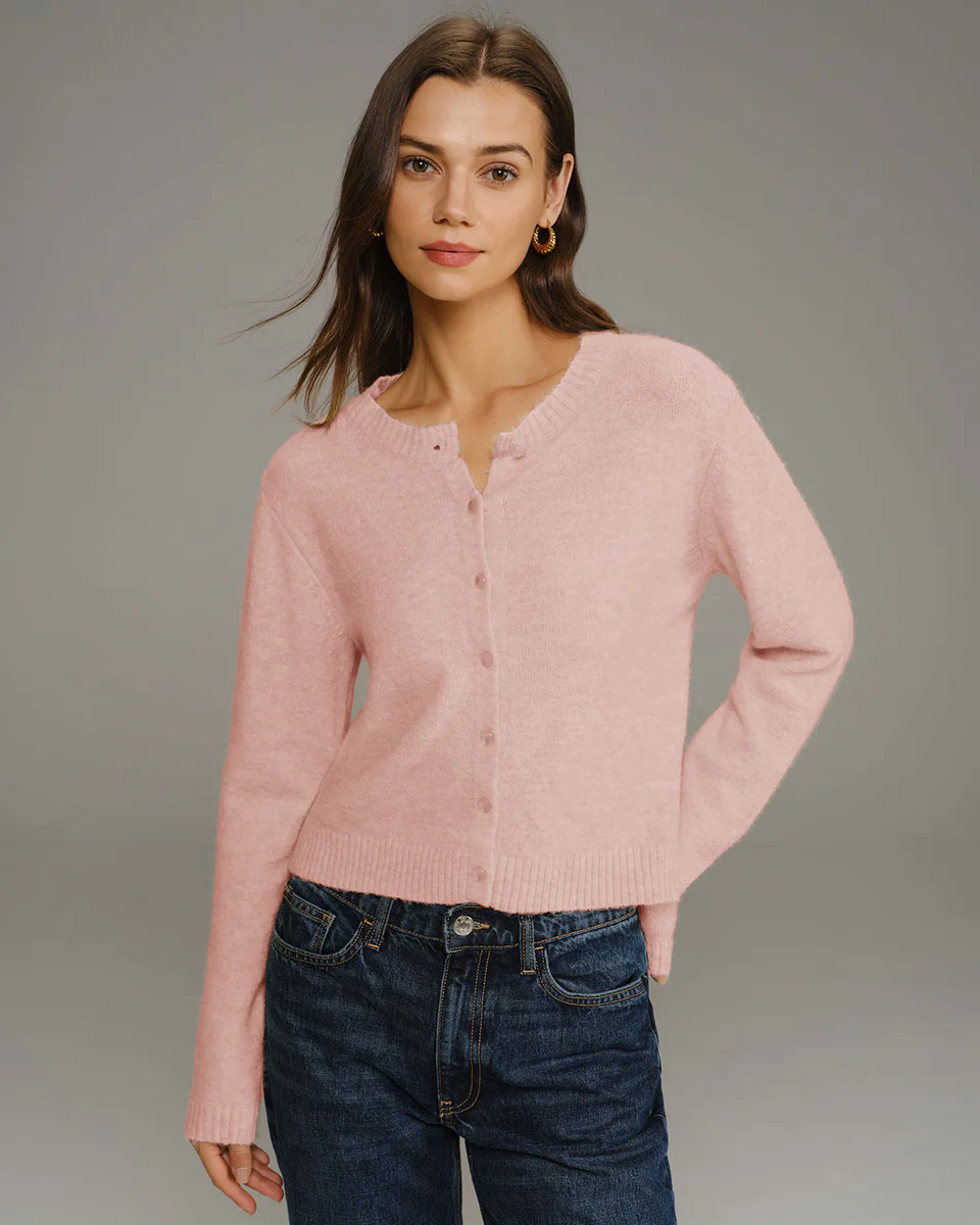 Pink Round Neck Knit Cardigan | rihoas.com