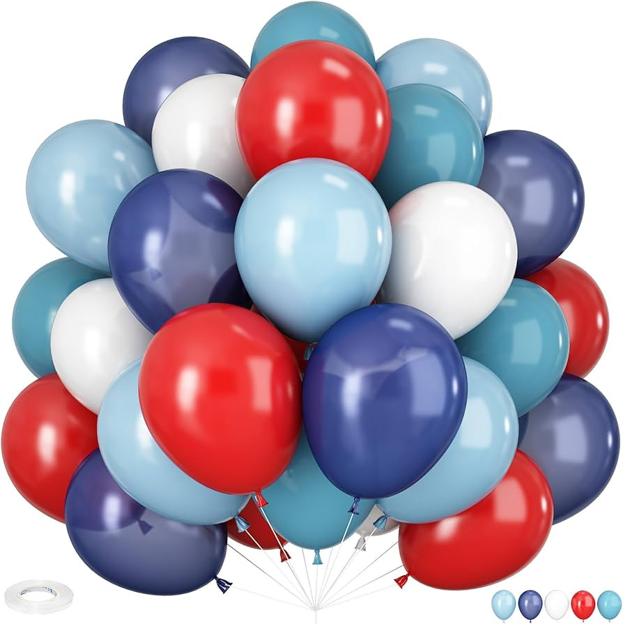 Red Blue White Balloons, 60 PCS 12 inch Navy Light Blue Red and White Balloons for Baseball Birth... | Amazon (US)