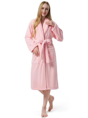 AW BRIDAL Fleece Robes for Women, Soft Warm Fluffy Bathrobe for Women, Long Cozy Spa Robe with Pockets, Pink M | Amazon (US)