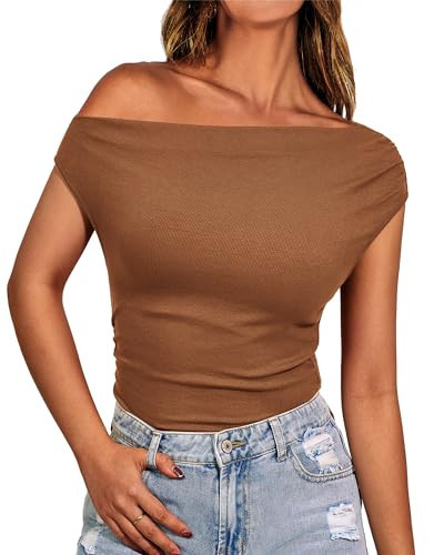 BTFBM Women Off The Shoulder Tops 2024 Summer Sleeveless Ruched Ribbed Shirt Asymmetrical Slim Fit Y2K Going Out Top(Solid Brown, Small) | Amazon (US)