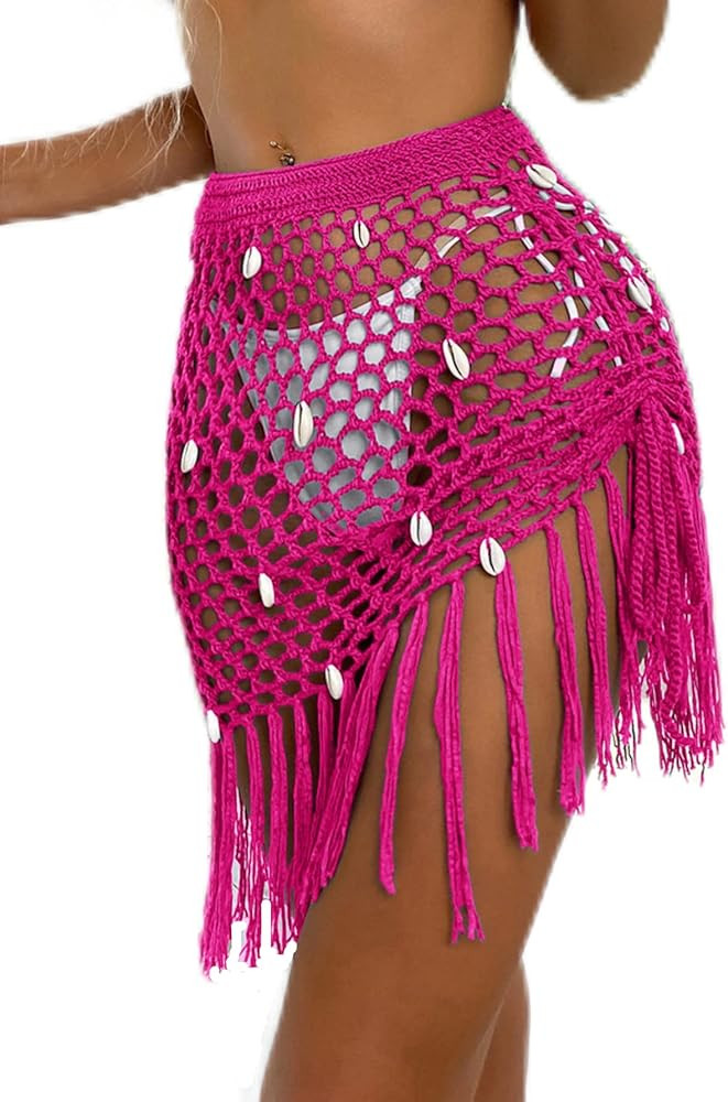 MakeMeChic Women's Crochet Swimsuit Cover Up Hollow Out See Through Tassel Beach Skirt | Amazon (US)