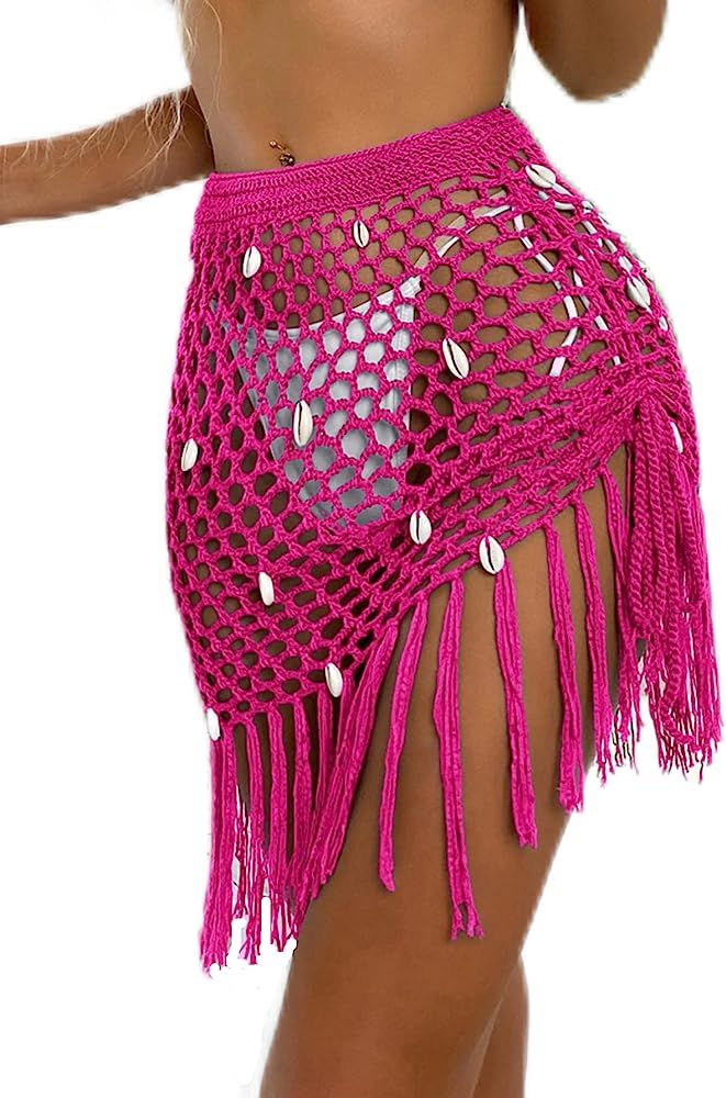 MakeMeChic Women's Crochet Swimsuit Cover Up Hollow Out See Through Tassel Beach Skirt | Amazon (US)
