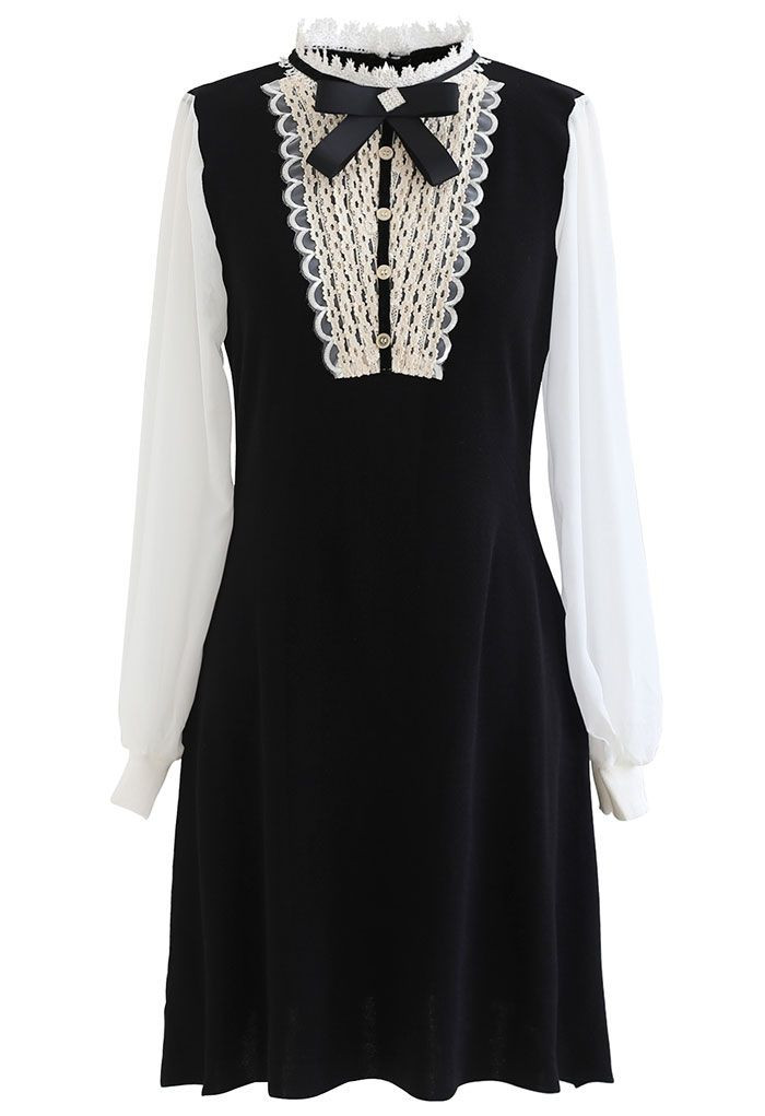Brooch Lace Panelled Sheer-Sleeve Knit Dress | Chicwish