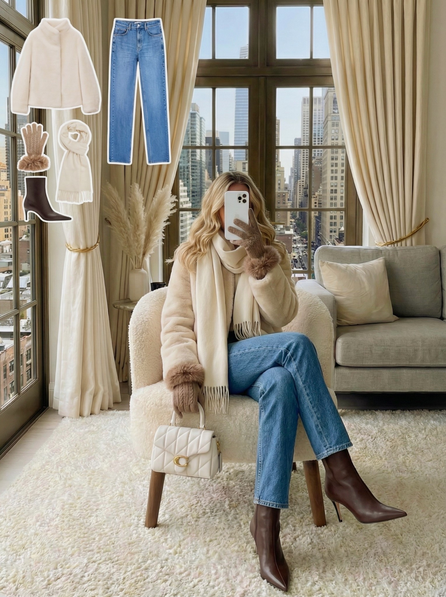 ✨ Soft Neutrals for Cold Days ✨

A warm, polished winter look built around plush textures and gentle neutrals. The cozy cream jacket with faux fur cuffs adds instant elegance, while the matching scarf and gloves create a seamless layered feel. Light denim keeps the outfit relaxed and wearable, balancing the softness on top.

Chocolate boots add depth and structure, and the quilted mini bag pulls everything together with a refined touch.

🤍 Style Notes:
• Plush cream jacket for luxe winter warmth
• Matching scarf and gloves for a coordinated finish
• Light blue denim for easy everyday styling
• Chocolate heeled boots for a sleek silhouette
• Quilted mini bag to elevate the look

Everything linked and ready to shop ✨

#LTKgrwm #LTKTravel #LTKootd