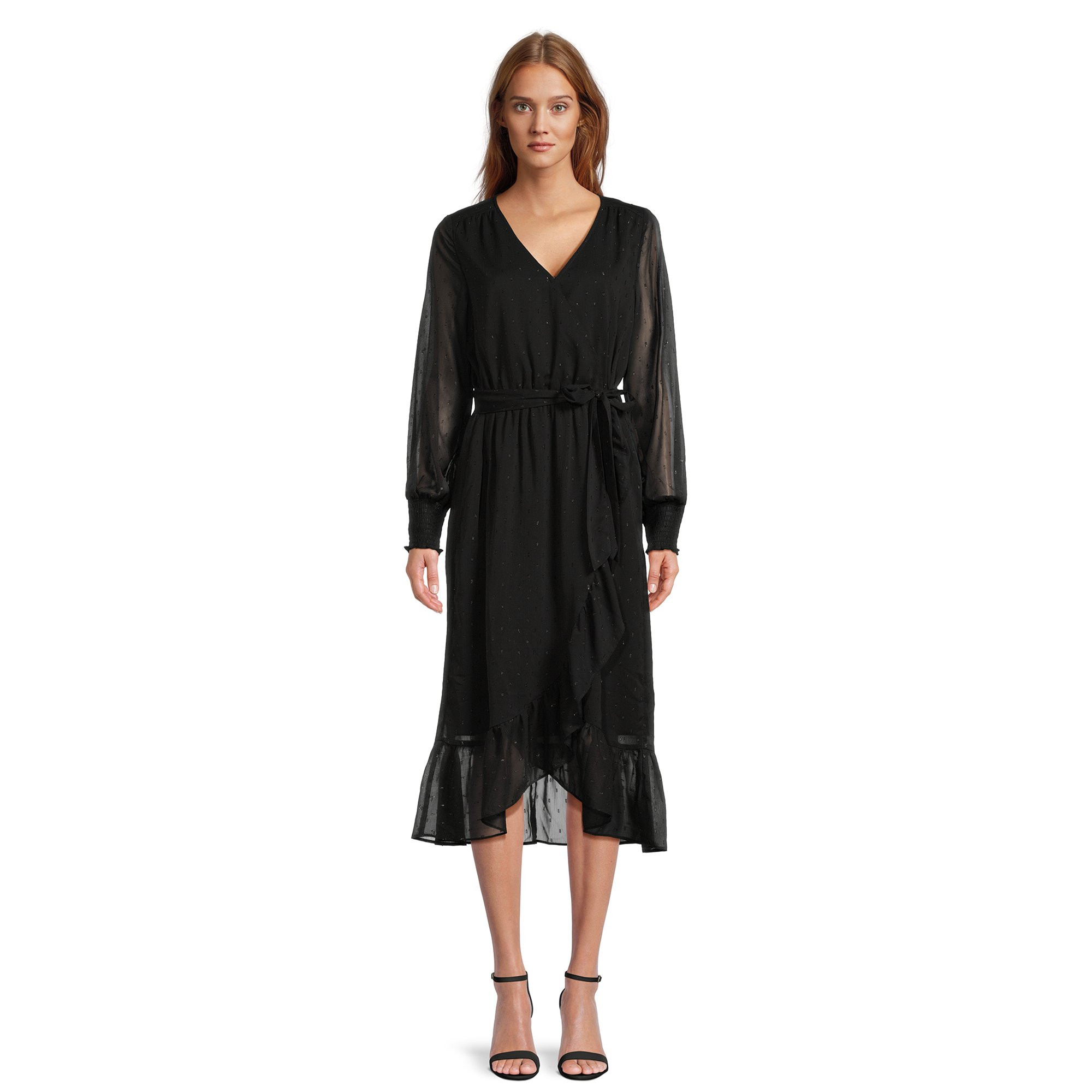 Time and Tru Women's Faux Wrap Midi Dress with Smocked Sleeves, Sizes XS-XXXL | Walmart (US)