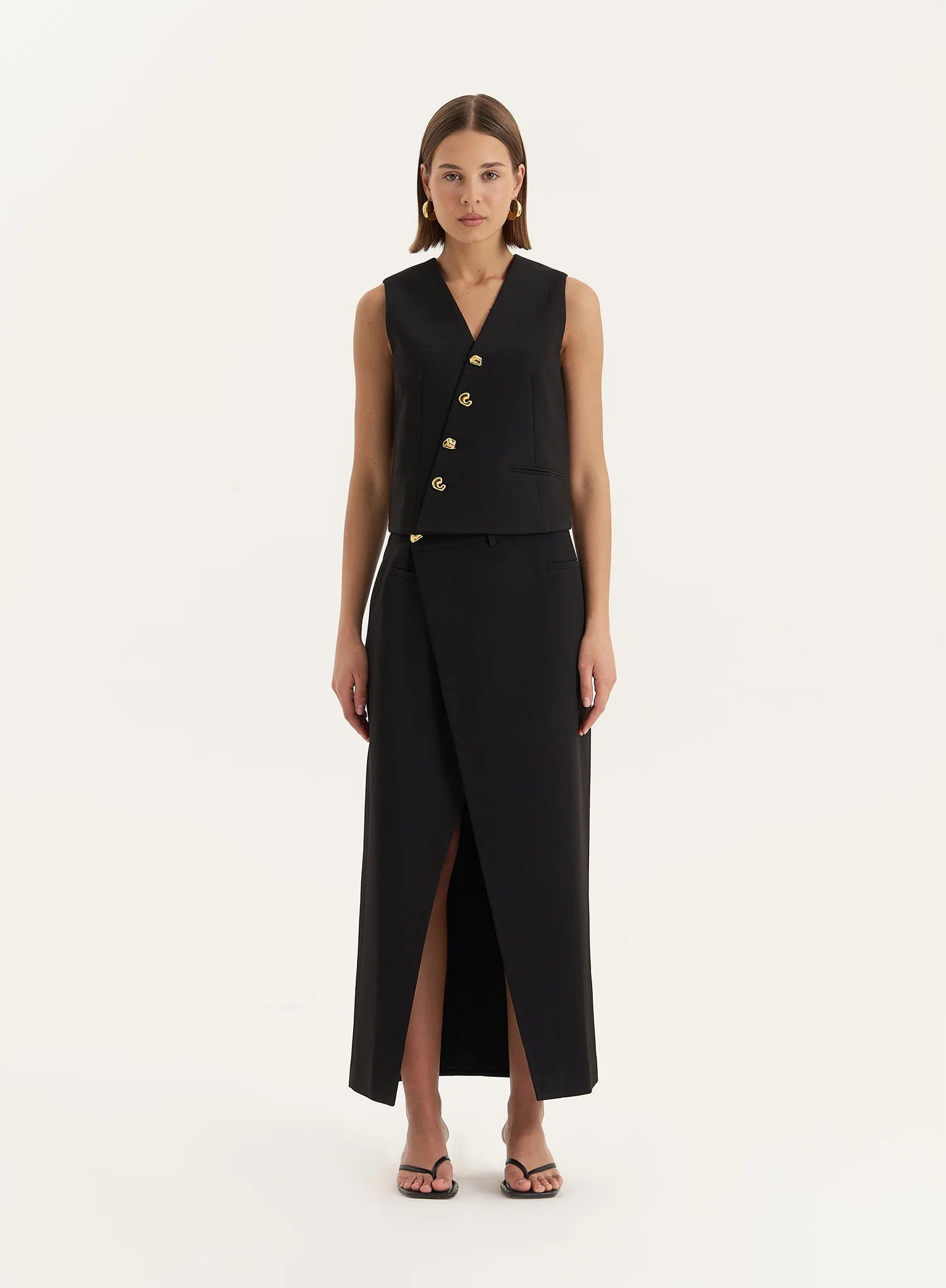 Black Asymmetric Waist Side Split Maxi Skirt- Brie | 4th & Reckless