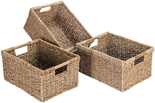 Large Wicker Basket Rectangular with Wooden Handles for Shelves, Seagrass Basket Storage, Natural... | Amazon (US)