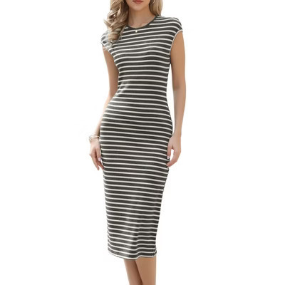 INSPIRE CHIC Women's Striped Crew Neck Cap Sleeve Knit Bodycon Midi Dresses Small Dark Gray | Target