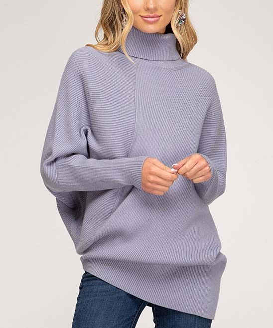Avenue Hill Women's Pullover Sweaters BLUE - Blue Gray Ribbed-Knit Asymmetrical Dolman-Sleeve Turtle | Zulily