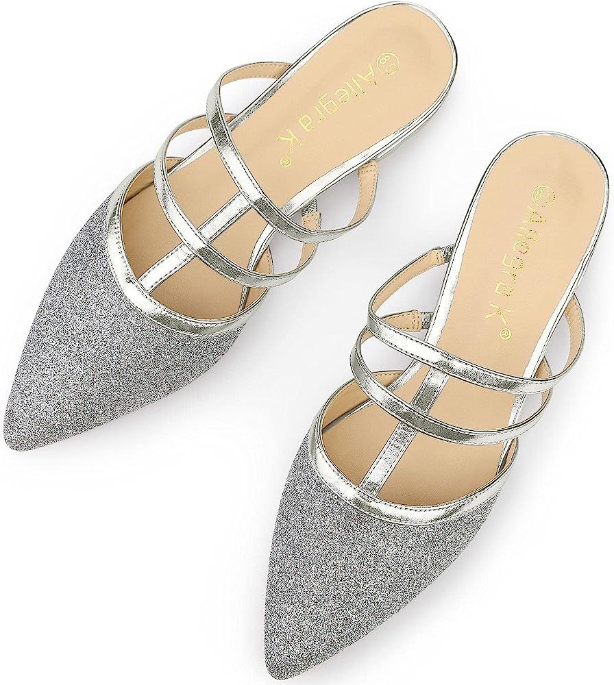 Allegra K Women's Glitter Pointed Toe Flats Mules | Amazon (US)