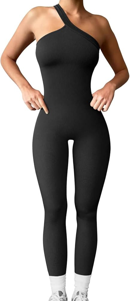 Women Yoga Ribbed Jumpsuit Solid Color Ribbed Sleeveless Slant Shoulder Tank Bodysuit One Piece Tank | Amazon (US)