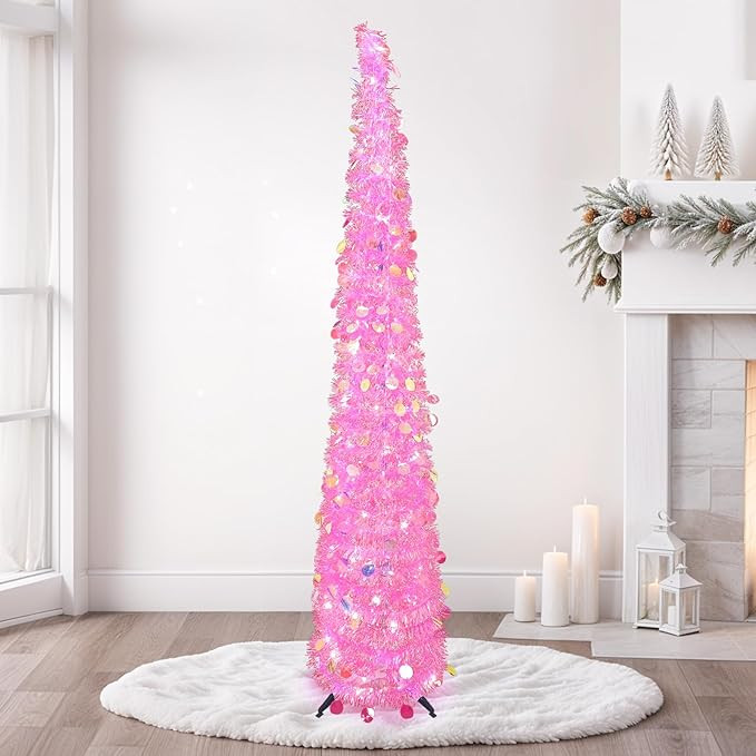 OurWarm 5 FT Pink Pop Up Christmas Tree with 60 LED Lights, Tinsel Collapsible Christmas Tree wit... | Amazon (US)