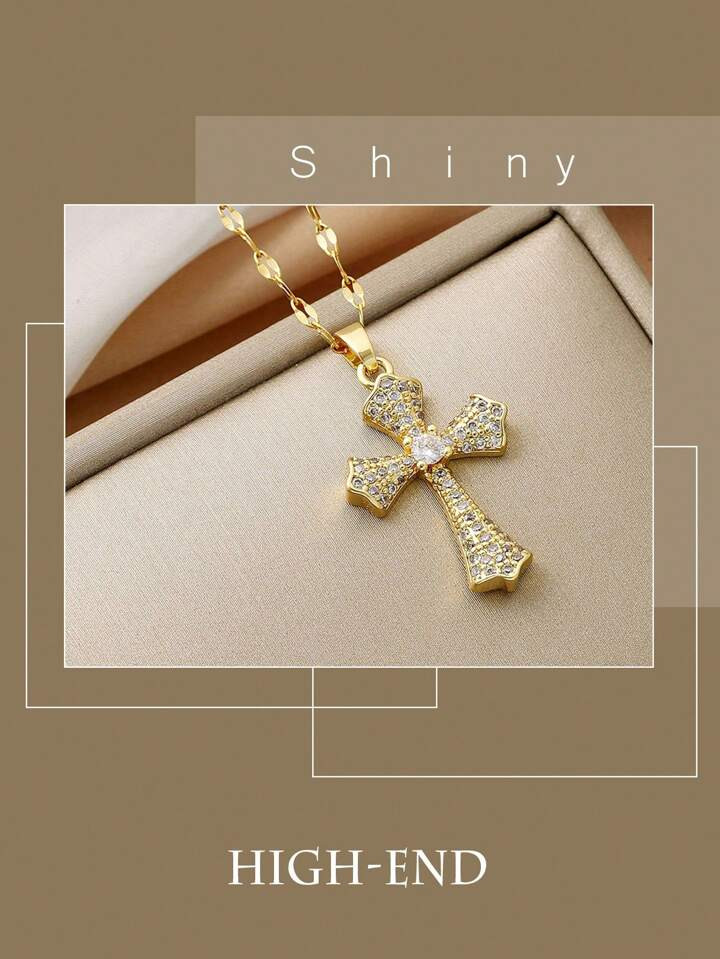 1pc Luxury Copper Zirconia Cross Pendant Necklace For Women | SHEIN