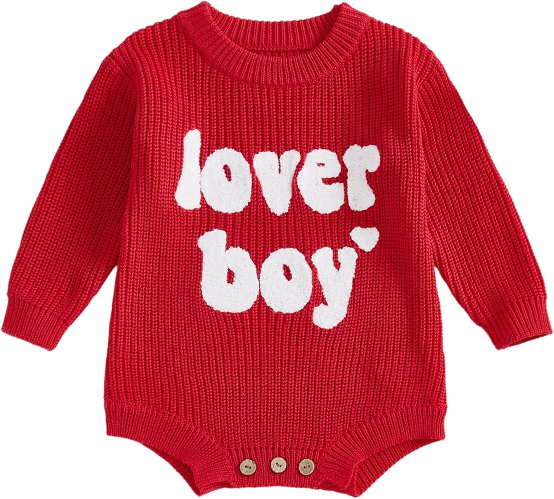 Lesimsam Newborn Baby Boy Valentines Day Outfit Lover Boy Embroidery Knit Sweater Romper Long Sle... | Amazon (US)
