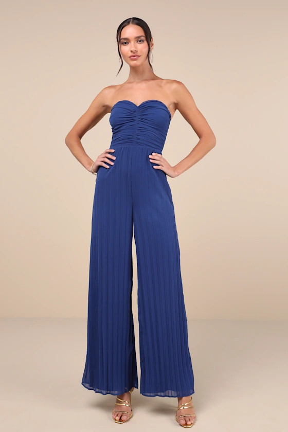 Certainly Charming Blue Pleated Strapless Wide-Leg Jumpsuit | Lulus