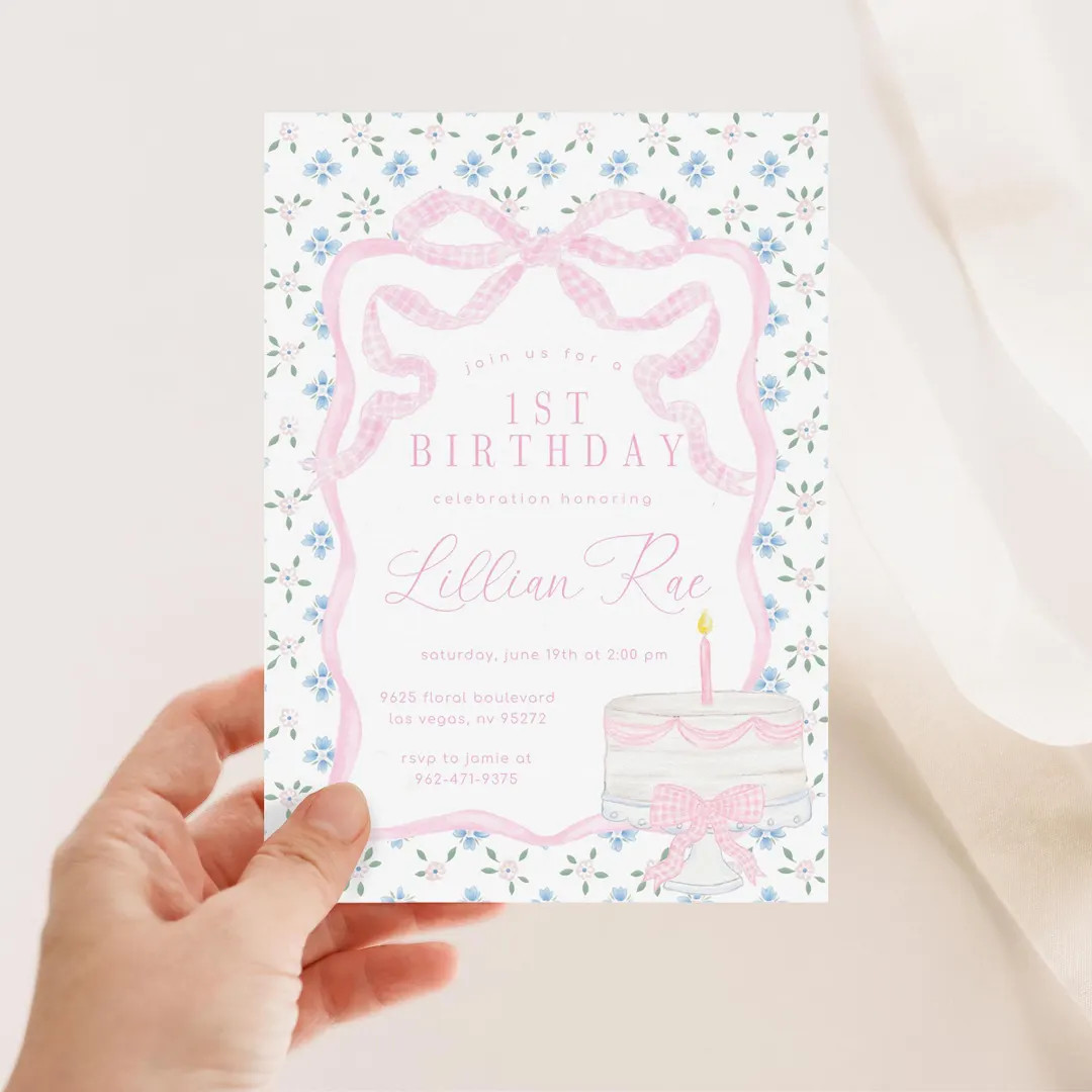 Pink Bow First Birthday Invitation, Gingham Cake and Floral Birthday Invitation, 2738 - Etsy | Etsy (US)