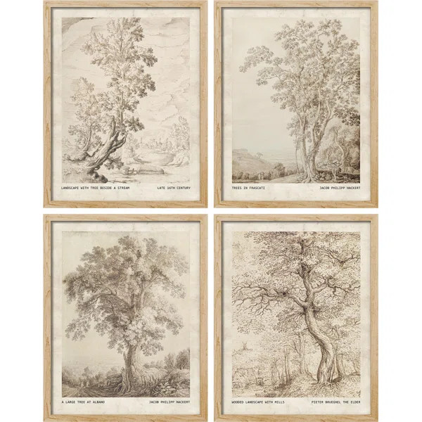 " Vintage Landscape Sketch Antique Tree " 4 - Pieces | Wayfair North America