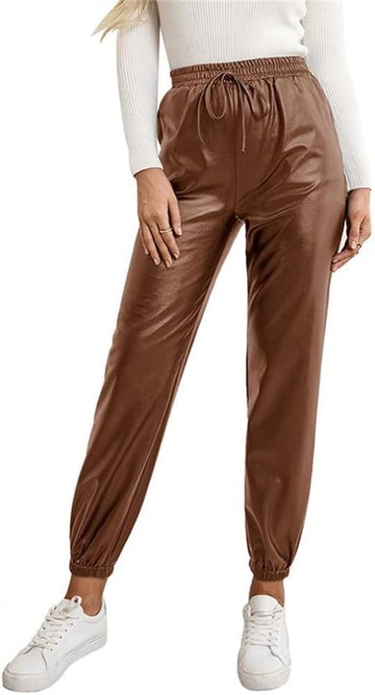 Women Leather Pants Faux Leather Cargo Trousers High Waist Snakeskin Pattern Drawstring Jogger Trous | Amazon (US)