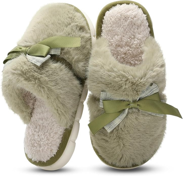 Cute Women's Memory Foam House Slippers - Fuzzy Plush Faux Fur Slippers with Bow Butterfly Tie - ... | Amazon (US)