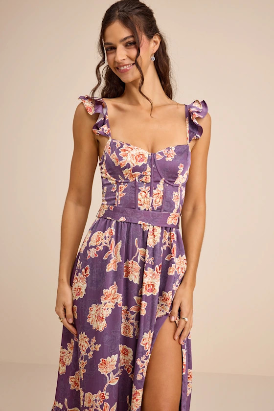 Sweet Like Sangria Purple Floral Ruffled Bustier Midi Dress | Lulus