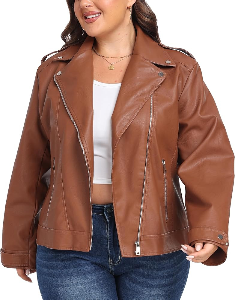 wantdo Women's Plus Size Faux Leather Jacket Lapel Collar Moto Biker Short Coat Jacket | Amazon (US)