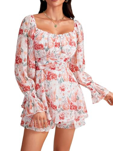 LYANER Women's Floral Print Off Shoulder Long Sleeve Ruffle Hem Romper Short Jumpsuit Floral Pink Small | Amazon (US)