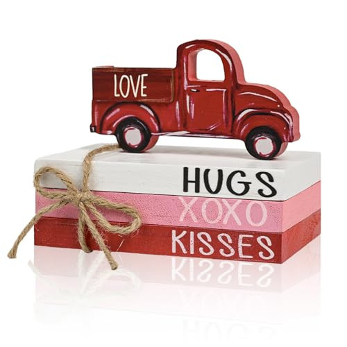 Smile Valentine's Day Wooden Book Decor Red Truck, LOVE XOXO HUGS & KISSES Signs, Valentine Indoor Decoration | Amazon (US)